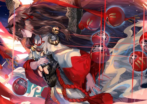 Anime picture 992x701 with original ran (pixiv2957827) single long hair fringe red eyes brown hair long sleeves traditional clothes japanese clothes profile wind mole wide sleeves from below dutch angle mole under eye shaded face hair bell girl