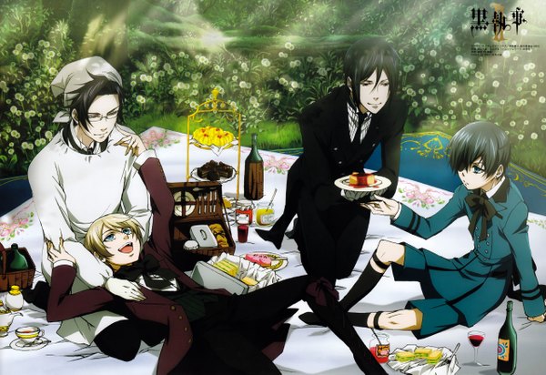 Anime picture 2560x1761 with kuroshitsuji a-1 pictures sebastian michaelis ciel phantomhive alois trancy claude faustus highres short hair open mouth blue eyes black hair blonde hair smile brown eyes yellow eyes light smile multiple boys boy gloves flower (flowers)