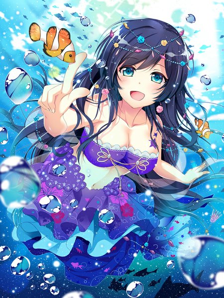 Anime picture 600x800 with love live! school idol project sunrise (studio) love live! toujou nozomi hirai yuzuki long hair tall image looking at viewer blush fringe breasts open mouth blue eyes light erotic large breasts bare shoulders purple hair bare belly outstretched arm floral print
