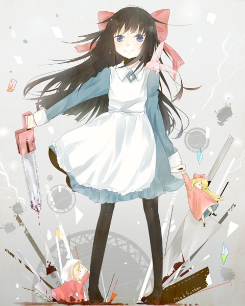 Anime picture 1924x2403 with mad father aya drevis snowball (mad father) hiite-usagi single long hair tall image looking at viewer highres blue eyes black hair blonde hair smile standing girl dress bow weapon hair bow animal