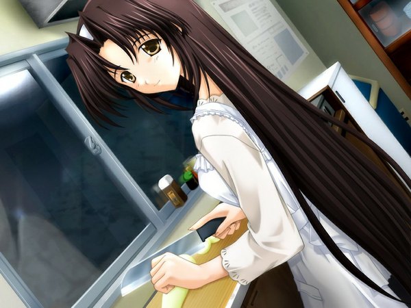 Anime picture 1024x768 with suika (game) long hair black hair yellow eyes game cg girl knife