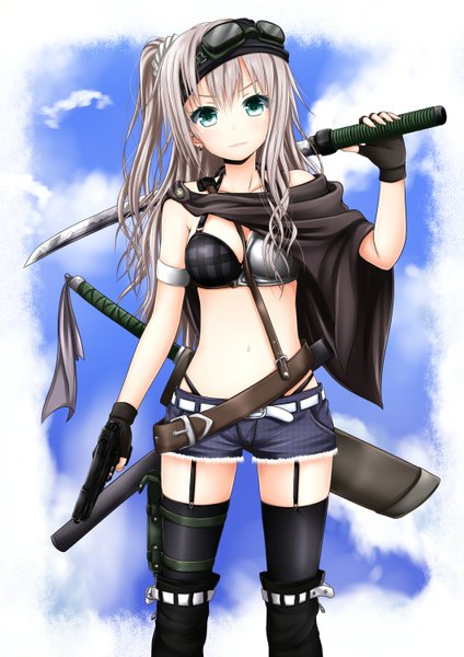 Anime picture 1061x1500 with original oosato haya single long hair tall image fringe blue eyes smile standing sky cloud (clouds) ponytail bare belly grey eyes side ponytail goggles on head girl thighhighs gloves weapon