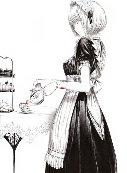 Anime picture 607x830 with original sousou (sousouworks) single tall image fringe short hair breasts simple background standing white background holding eyes closed maid monochrome girl uniform headdress sweets maid headdress blood