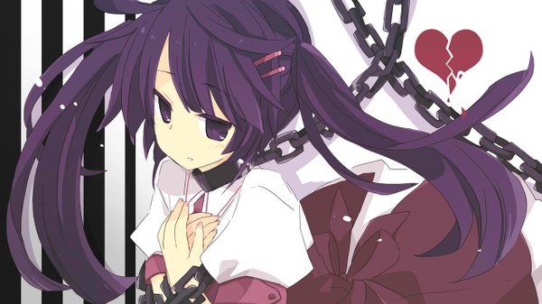 Anime picture 1280x720 with vocaloid tone rion yoshiki single long hair highres wide image purple eyes purple hair girl dress hair ornament heart hairclip chain