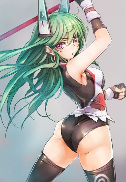 Anime picture 833x1200 with original menou kaname taishi (picchiridou) single long hair tall image looking at viewer blush fringe breasts open mouth light erotic simple background large breasts standing purple eyes ass looking back arm up green hair