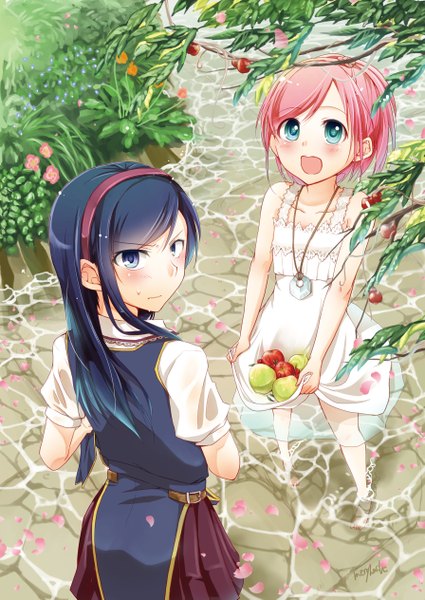 Anime picture 895x1263 with original merryhachi long hair tall image blush short hair open mouth blue eyes multiple girls blue hair pink hair looking back girl dress flower (flowers) 2 girls petals food hairband sundress