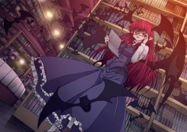 Anime picture 1500x1061 with touhou kirisame marisa patchouli knowledge koakuma s-syogo long hair red eyes red hair indoors pointy ears girl dress skirt wings glasses book (books) skirt set bat library