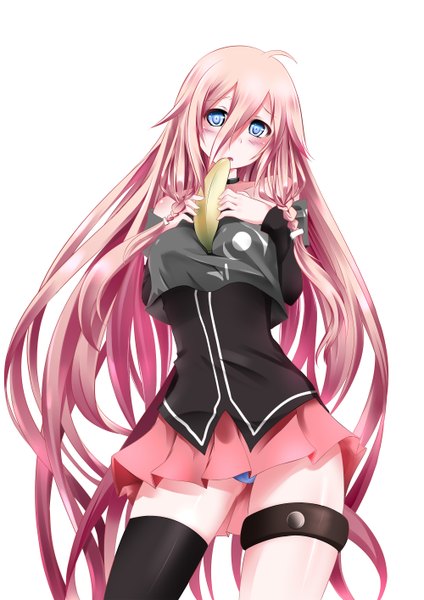 Anime picture 2000x2828 with vocaloid ia (vocaloid) catstudioinc (punepuni) single long hair tall image blush highres open mouth blue eyes light erotic simple background white background bare shoulders pink hair ahoge pleated skirt pantyshot girl thighhighs