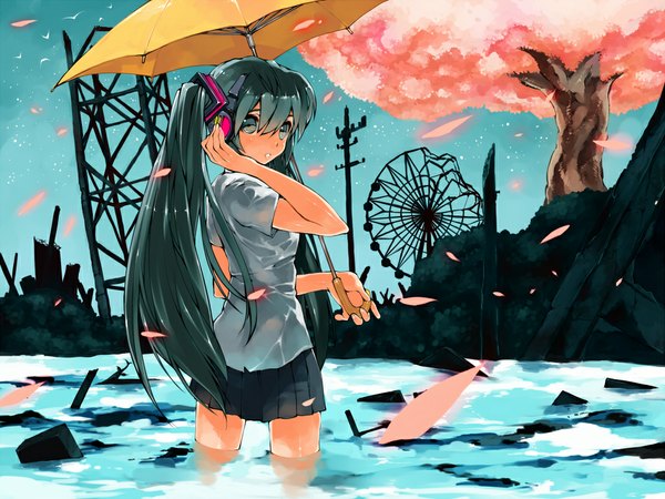 Anime picture 1024x768 with vocaloid hatsune miku long hair twintails looking back cherry blossoms ruins girl plant (plants) petals tree (trees) water headphones umbrella ferris wheel