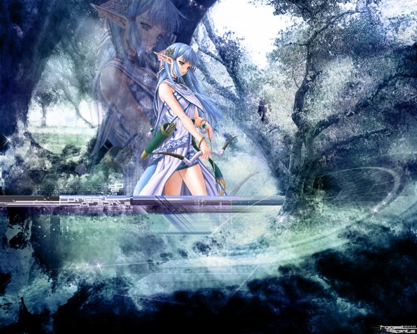 Anime picture 1280x1024 with ys olha (ys) taue shunsuke single long hair open mouth blue eyes bare shoulders blue hair pointy ears elf third-party edit archery girl hair ornament weapon