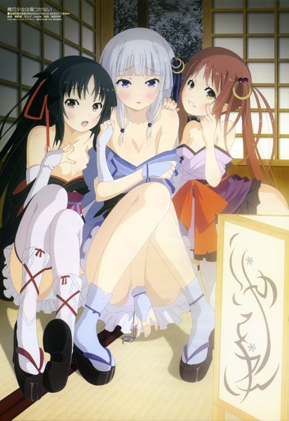 Anime picture 4083x5939 with machine-doll wa kizutsukanai megami magazine yaya (machine-doll) irori (kikou shoujo wa kizutsukanai) komurasaki long hair tall image blush highres open mouth blue eyes light erotic black hair red eyes brown hair multiple girls brown eyes absurdres silver hair traditional clothes