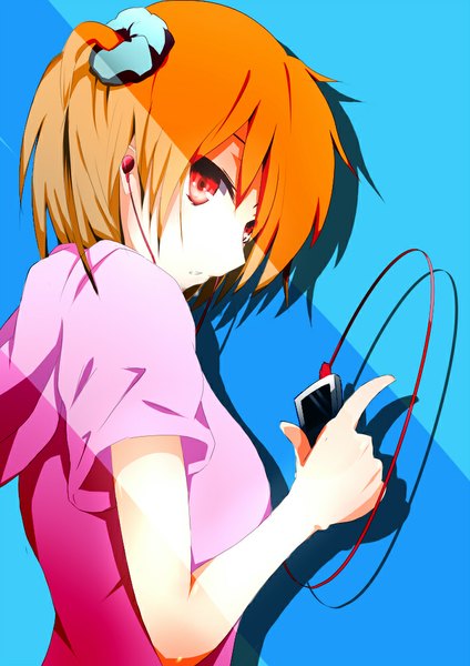 Anime picture 707x1000 with kagerou project shaft (studio) kisaragi momo sune (mugendai) single tall image looking at viewer short hair simple background red eyes orange hair one side up girl headphones scrunchie hair tie phone