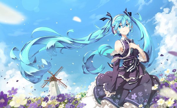 Anime picture 1523x938 with vocaloid hatsune miku lf single blush fringe blue eyes smile wide image standing twintails bare shoulders holding looking away sky cloud (clouds) very long hair pleated skirt wind sunlight