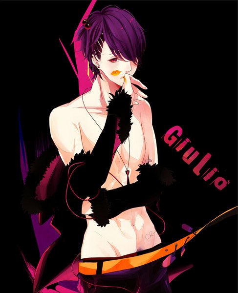 Anime picture 747x921 with lucky dog giulio di bondone komichi96 single tall image fringe short hair light erotic simple background purple eyes looking away purple hair hair over one eye character names lipstick groin finger to mouth black background pubic hair lipstick mark