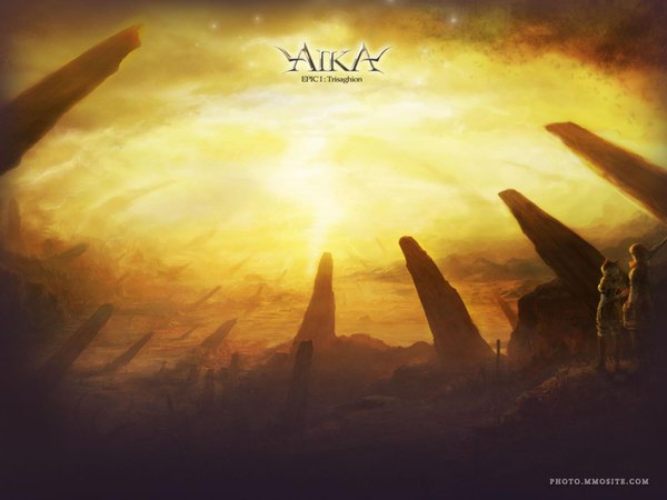 Anime picture 1600x1200 with aika online (game) sunlight official art copyright name light landscape fantasy scenic glow rock people