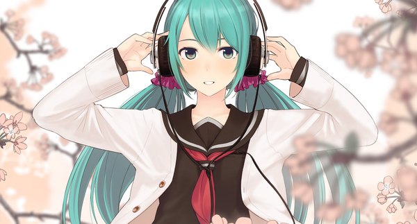 Anime picture 1900x1024 with vocaloid hatsune miku couzone single long hair looking at viewer blush fringe highres wide image twintails aqua eyes aqua hair cherry blossoms low twintails hand on headphones girl uniform plant (plants) tree (trees)