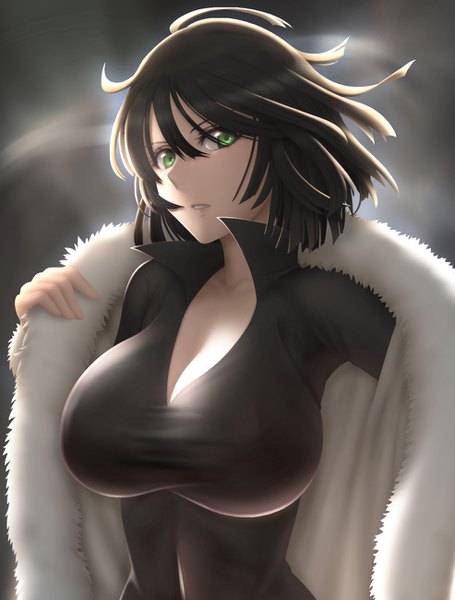 Anime picture 985x1300 with one-punch man madhouse fubuki (one-punch man) siraha single tall image looking at viewer short hair breasts light erotic black hair large breasts green eyes girl dress black dress fur