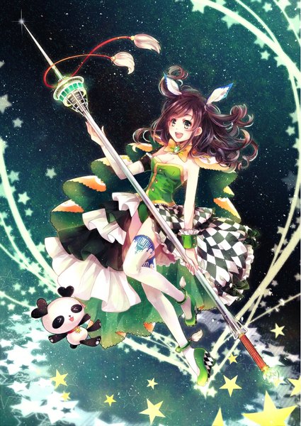 Anime picture 724x1023 with original momoko (momoko14) long hair tall image open mouth black hair brown eyes animal ears girl thighhighs dress white thighhighs star (stars) cape