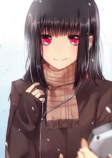 Anime picture 1254x1771 with original toufukin single long hair tall image looking at viewer fringe black hair smile red eyes portrait snowing girl headphones scarf phone