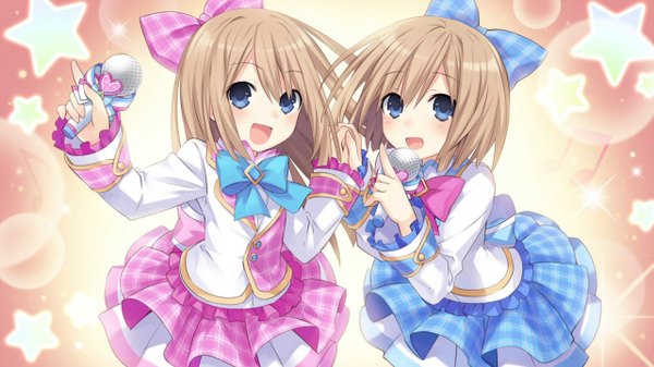 Anime picture 1280x720 with choujigen game neptune kami jigen game neptune v rom (choujigen game neptune) ram (choujigen game neptune) long hair blush highres short hair open mouth blue eyes blonde hair wide image multiple girls game cg girl dress bow 2 girls hair bow heart