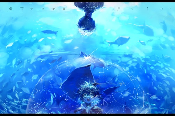 Anime picture 1000x666 with original tang elen fringe short hair open mouth letterboxed upside down screaming broken constellation animal glasses bubble (bubbles) fish (fishes)