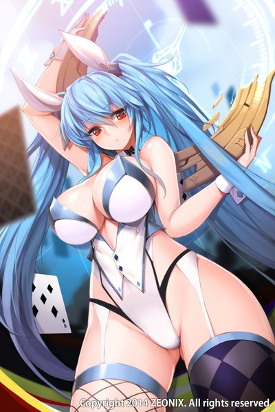 Anime picture 1136x1704 with sword girls luthica preventer snowball22 long hair tall image looking at viewer breasts light erotic red eyes large breasts animal ears blue hair bunny ears bunny girl girl thighhighs bunnysuit card (cards)