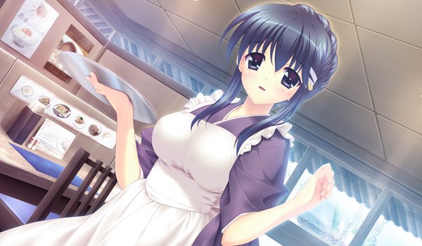 Anime picture 1024x600 with houkago kitchen looking at viewer short hair black hair wide image game cg black eyes waitress girl apron