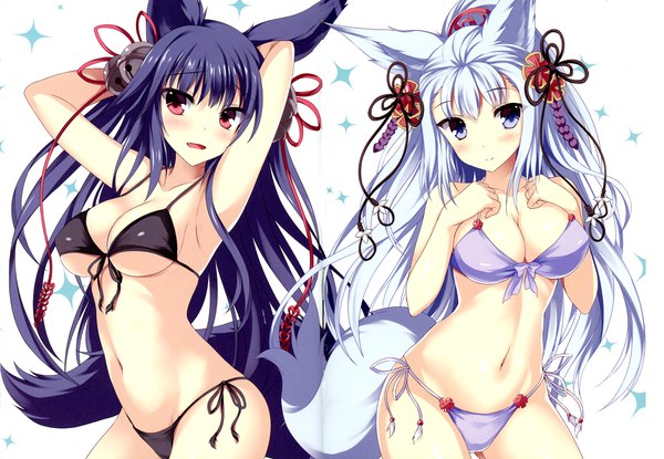 Anime picture 4333x3000 with granblue fantasy yuel (granblue fantasy) socie (granblue fantasy) tateha (marvelous grace) long hair looking at viewer blush fringe highres breasts light erotic black hair simple background hair between eyes red eyes large breasts white background purple eyes multiple girls payot
