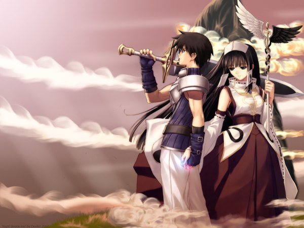 Anime picture 1600x1200 with shining (series) shining tears ryuuna (shining tears) xion magus tony taka long hair fringe short hair signed outdoors blunt bangs wind third-party edit girl boy gloves weapon sword headdress staff