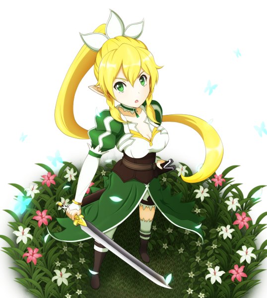 Anime picture 1120x1250 with sword art online a-1 pictures leafa mocoushi single long hair tall image looking at viewer fringe open mouth blonde hair hair between eyes standing green eyes cleavage full body ponytail long sleeves pointy ears elf