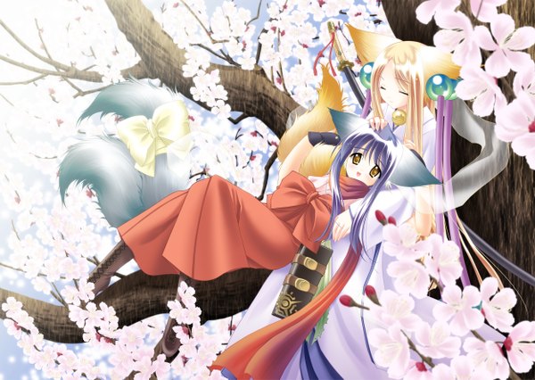 Anime picture 2500x1778 with tail tale koma (tail tale) soro (tail tale) louis (artist) long hair highres blonde hair multiple girls brown eyes animal ears blue hair tail eyes closed traditional clothes japanese clothes animal tail girl flower (flowers) ribbon (ribbons) weapon