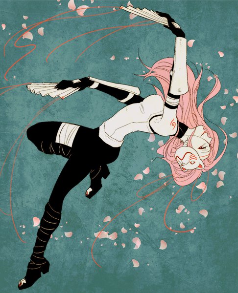 Anime picture 747x922 with naruto kuroko no basket studio pierrot production i.g naruto (series) momoi satsuki umashima single long hair tall image breasts pink hair bent knee (knees) profile pink eyes tattoo alternate costume outstretched arm arched back jumping