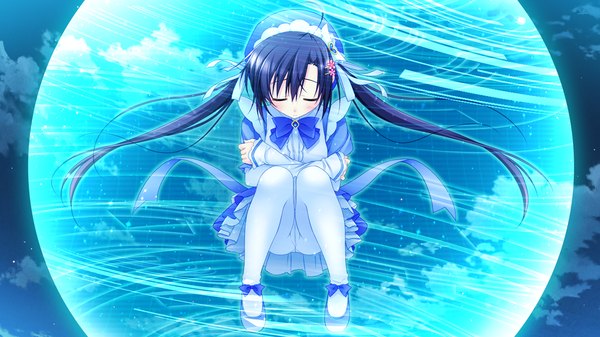 Anime picture 1280x720 with yume koi nanamori kurumi chikotam single long hair blush black hair wide image sitting twintails game cg sky cloud (clouds) eyes closed crossed arms girl hair ornament bubble (bubbles)
