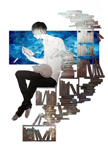 Anime picture 2093x2866 with original koori ichi single tall image highres short hair black hair sitting sky eyes closed barefoot reading boy animal book (books) star (stars) cat sweater shelf