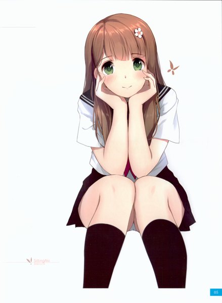 Anime picture 4917x6717 with original aki (caidychen) caidychen single long hair tall image looking at viewer blush fringe highres light erotic simple background smile brown hair white background sitting green eyes absurdres pleated skirt hair flower