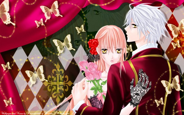 Anime picture 1920x1200 with uragiri wa boku no namae wo shitteiru j.c. staff murasame tsukumo murasame touko highres wide image yellow eyes pink hair white hair looking back from behind couple back girl boy gloves hair ornament insect butterfly