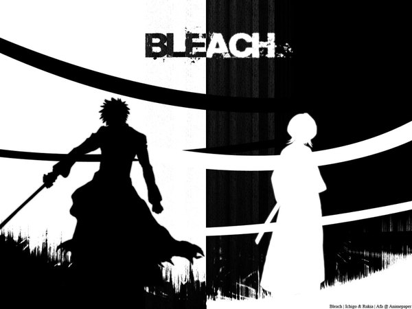 Anime picture 1600x1200 with bleach studio pierrot kurosaki ichigo kuchiki rukia white background inscription black background monochrome