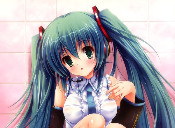 Anime picture 3300x2409 with vocaloid hatsune miku suzui narumi single blush highres twintails green eyes absurdres very long hair aqua hair girl detached sleeves headphones
