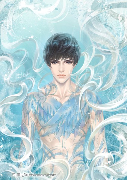 Anime picture 2480x3508 with original valleyhu single tall image looking at viewer fringe highres short hair light erotic black hair signed upper body black eyes tattoo topless eyebrows fake wings boy wings