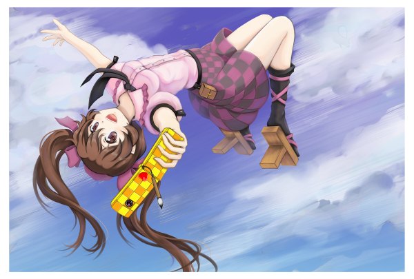 Anime picture 1200x810 with touhou himekaidou hatate qontamblue single long hair open mouth brown hair twintails brown eyes cloud (clouds) border weightlessness checkered skirt girl skirt bow hair bow