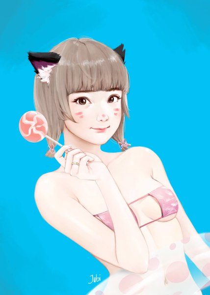 Anime picture 1462x2048 with original hana (jubi) jubi (regiana) single tall image looking at viewer fringe short hair breasts light erotic simple background brown hair twintails bare shoulders holding brown eyes signed animal ears upper body blunt bangs