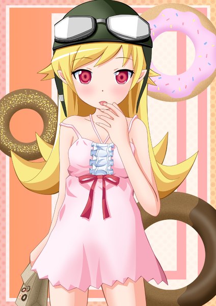 Anime picture 1024x1450 with bakemonogatari shaft (studio) monogatari (series) oshino shinobu neats (artist) single long hair tall image blush blonde hair red eyes loli finger to mouth girl food sundress goggles helmet doughnut