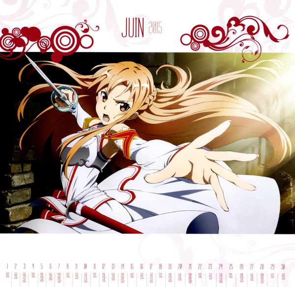 Anime picture 7033x6856 with sword art online a-1 pictures yuuki asuna single long hair looking at viewer highres open mouth brown hair brown eyes absurdres scan official art calendar 2015 girl dress weapon detached sleeves sword calendar