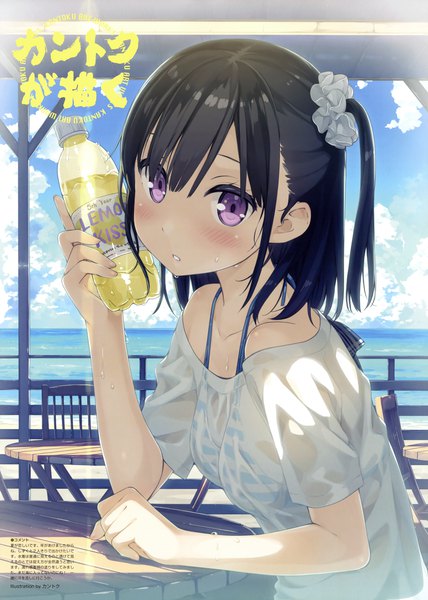 Anime picture 3905x5480 with original shizuku (kantoku) kantoku single tall image looking at viewer blush fringe highres short hair black hair hair between eyes sitting purple eyes absurdres sky cloud (clouds) upper body parted lips sunlight