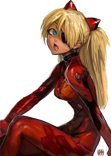 Anime picture 720x1011 with neon genesis evangelion rebuild of evangelion evangelion: 3.0 you can (not) redo gainax soryu asuka langley shikinami asuka langley jintetsu single long hair tall image open mouth blue eyes simple background blonde hair white background sitting looking away girl tongue eyepatch