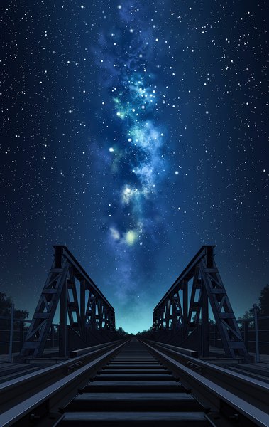 Anime picture 1080x1707 with original liwei191 tall image night night sky no people scenic milky way plant (plants) tree (trees) star (stars) bridge railways railroad tracks