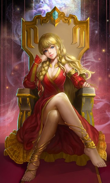 Anime picture 2021x3349 with fate (series) fate/stay night type-moon gilgamesh (fate) hq19910119 single long hair tall image looking at viewer blush highres breasts blue eyes blonde hair smile sitting cleavage braid (braids) barefoot lips