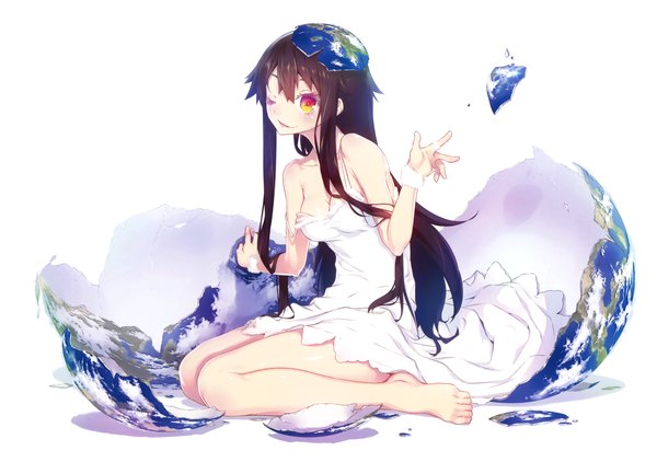 Anime picture 3300x2326 with original eshi 100-nin ten nilitsu single long hair looking at viewer blush highres simple background brown hair white background sitting bare shoulders absurdres one eye closed wink scan bare legs orange eyes wariza
