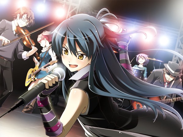 Anime picture 1200x900 with deardrops (game) long hair black hair yellow eyes game cg girl microphone guitar violin bow (instrument) drum set