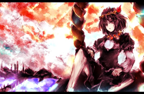 Anime picture 1600x1050 with touhou yasaka kanako acryl (artist) single looking at viewer short hair red eyes sitting sky purple hair cloud (clouds) girl dress hair ornament